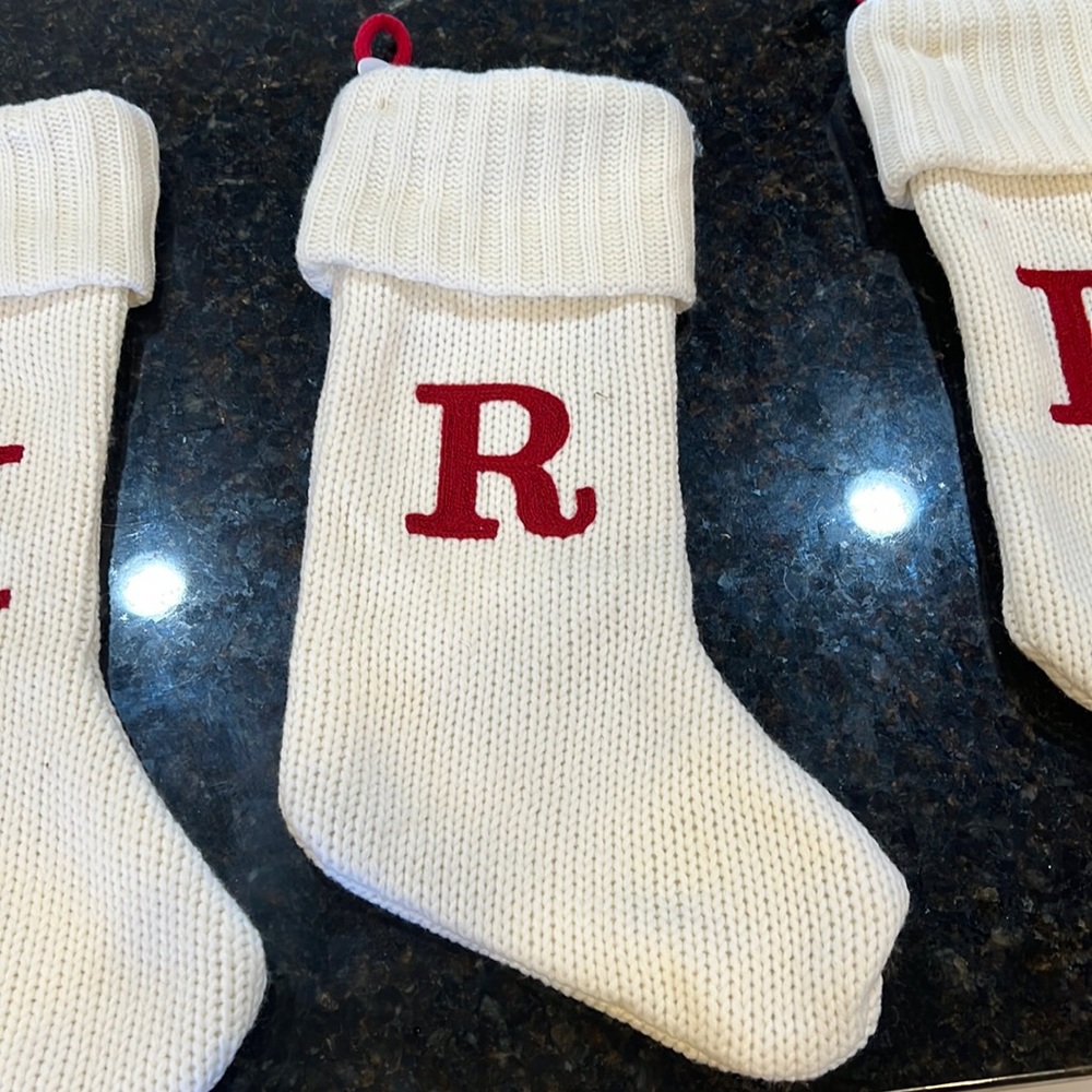 R knitted monogram stocking